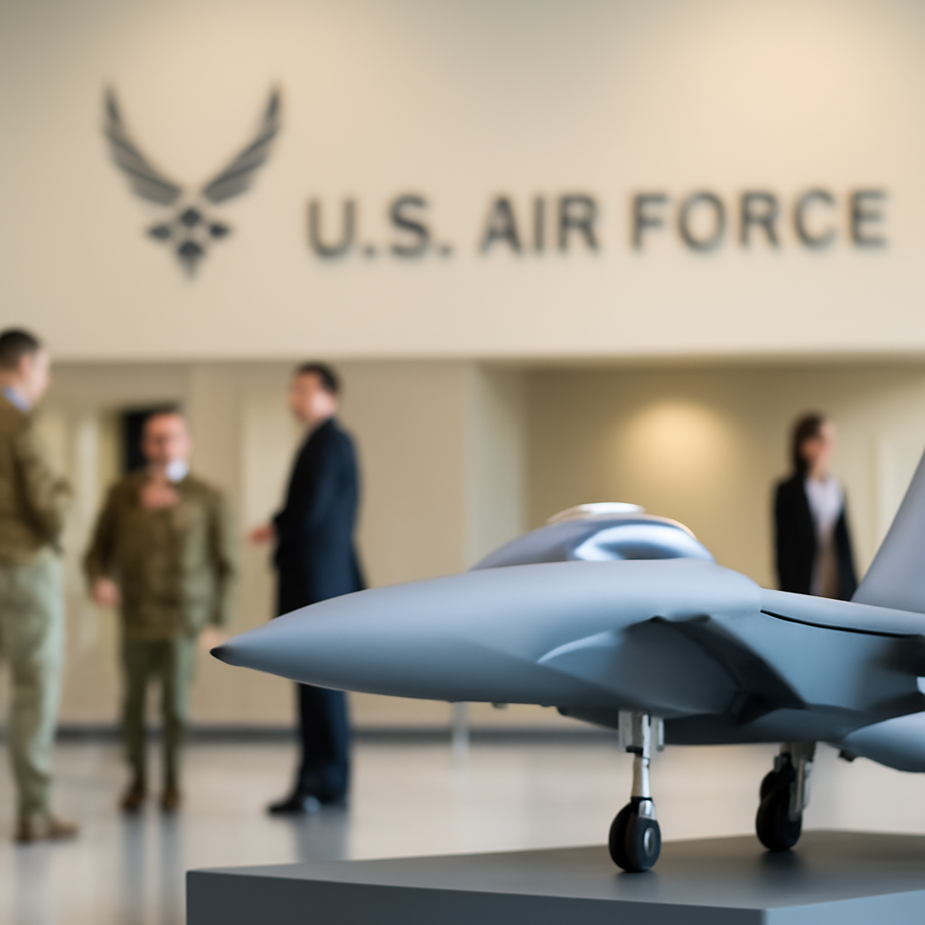 US Air Force personnel in a facility with a blurred F-15 aircraft in background.