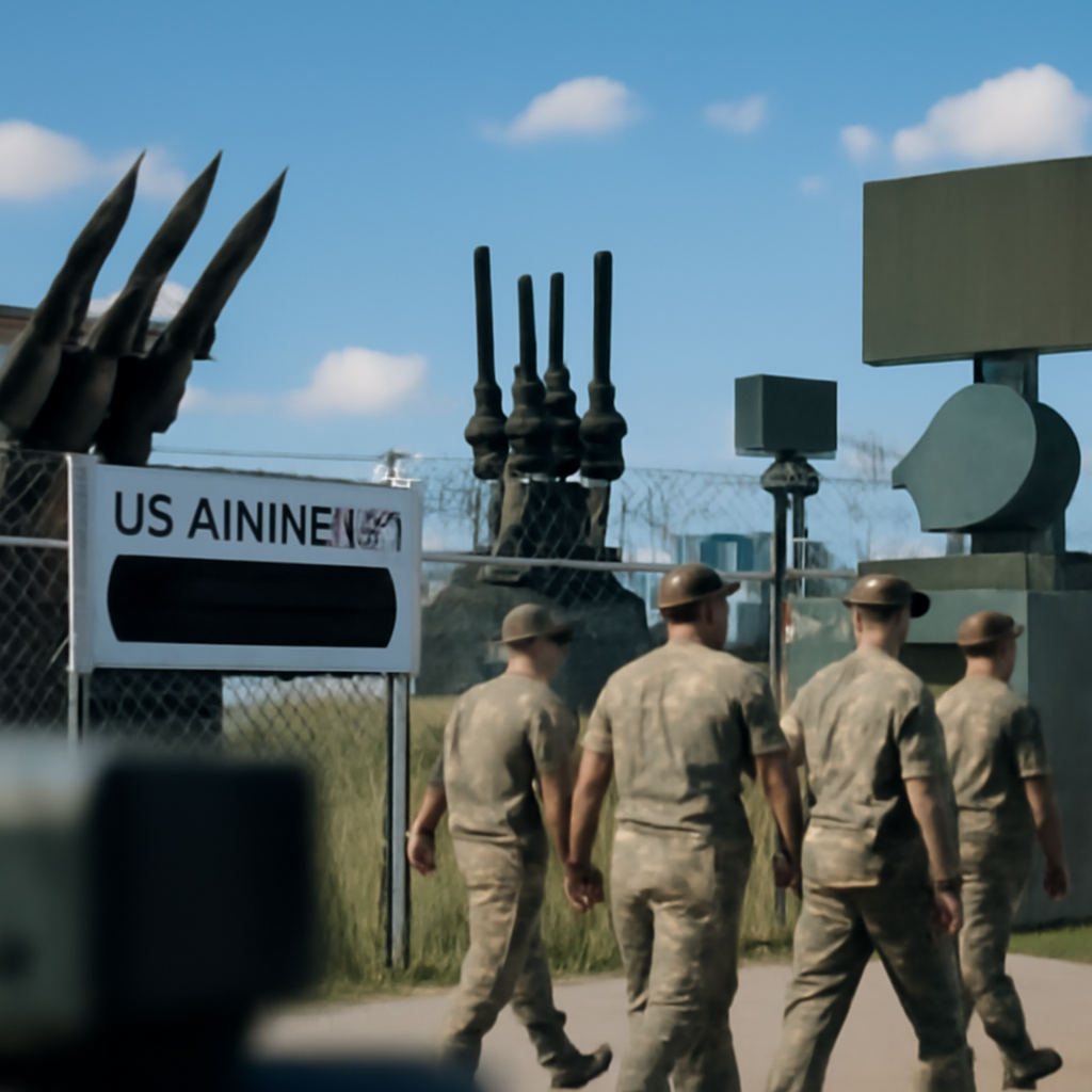 US Air Force base with multi-layered defense systems, including missile launchers and surveillance radar, under bright…