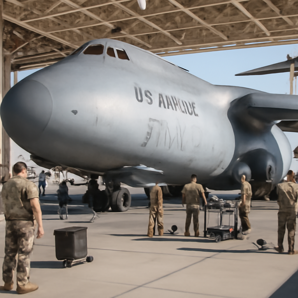 US Air Force maintenance personnel surround a worn C-5 Galaxy aircraft at a brightly-lit base.
