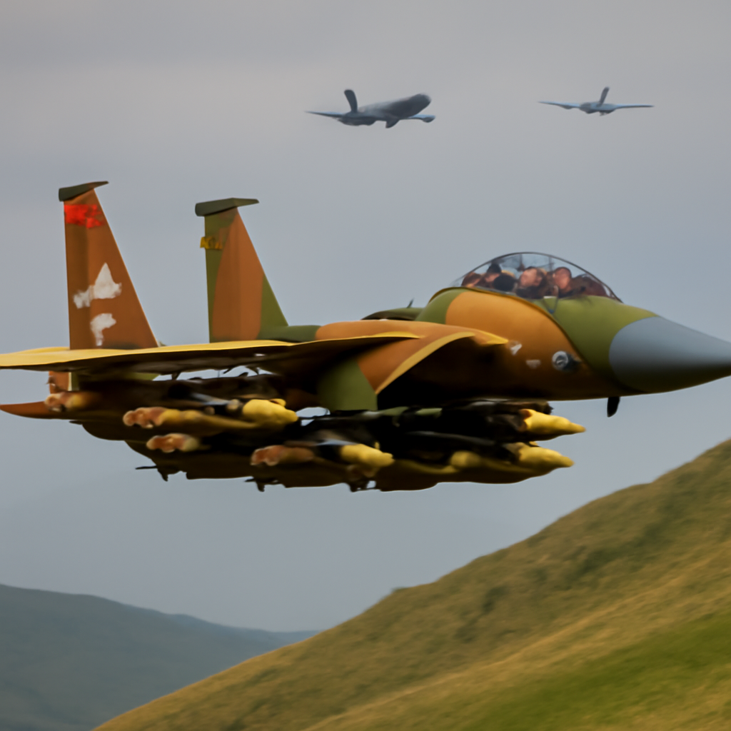 F-15E fighter jet in camouflage livery flies low with inert bombs and support aircraft in background.