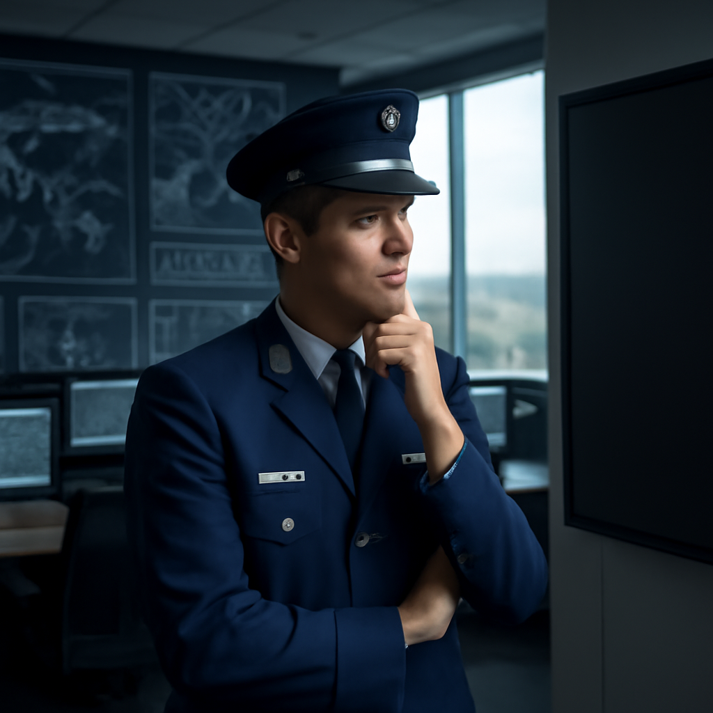US Air Force personnel stands in front of secure operations room with computer screens and network diagrams.