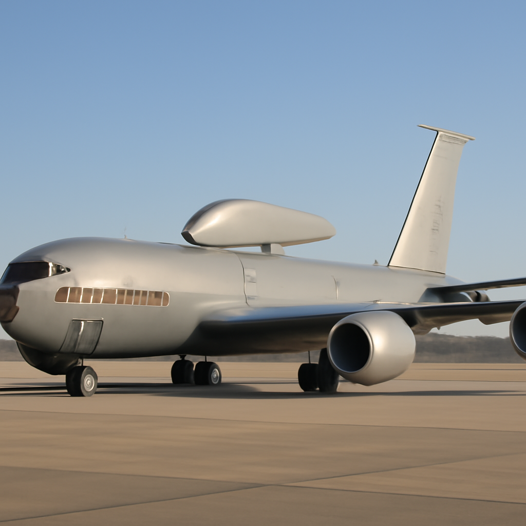 US Air Force KC-135 tanker with new dorsal antenna on tarmac at RAF Mildenhall.