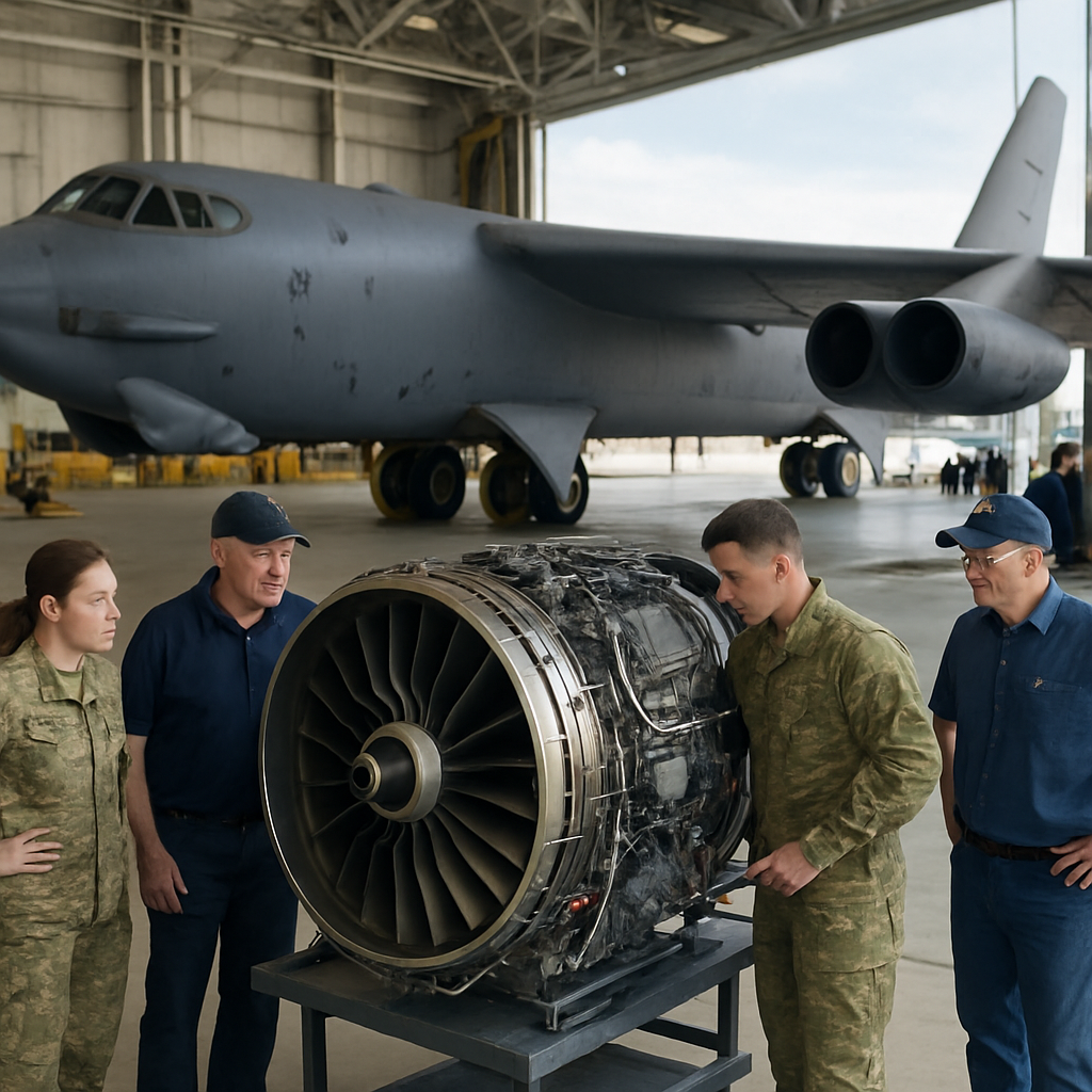 B-52 bomber with F130 turbofan engine on workbench surrounded by maintenance personnel.