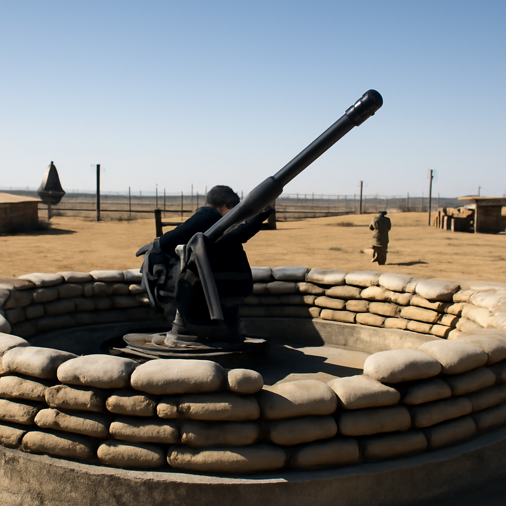 US military base defense infrastructure with a medium-caliber gun in a defensive position surrounded by sandbags and…