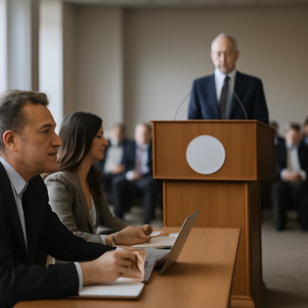 Formal conference setting with podium and blurred audience in background.