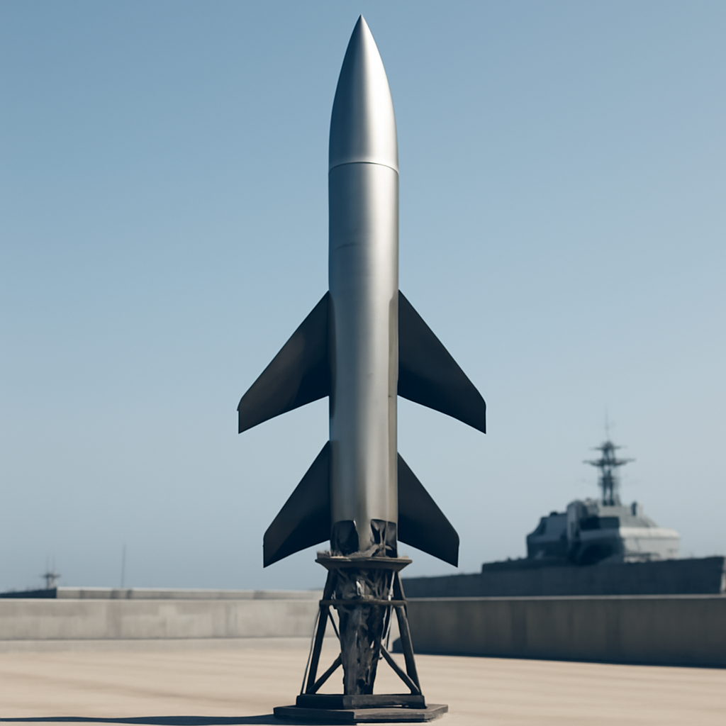 Futuristic missile on a launchpad with a naval base in the background.