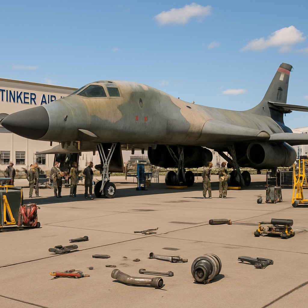 B-1B bomber on tarmac at Tinker Air Force Base with technicians and equipment nearby.