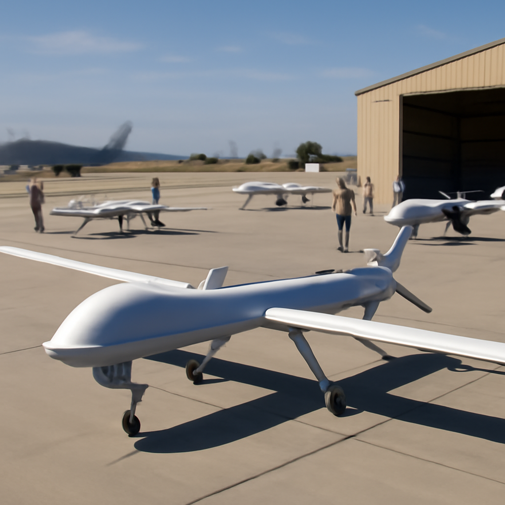 Military personnel tend to small drones on a sunlit airfield tarmac.