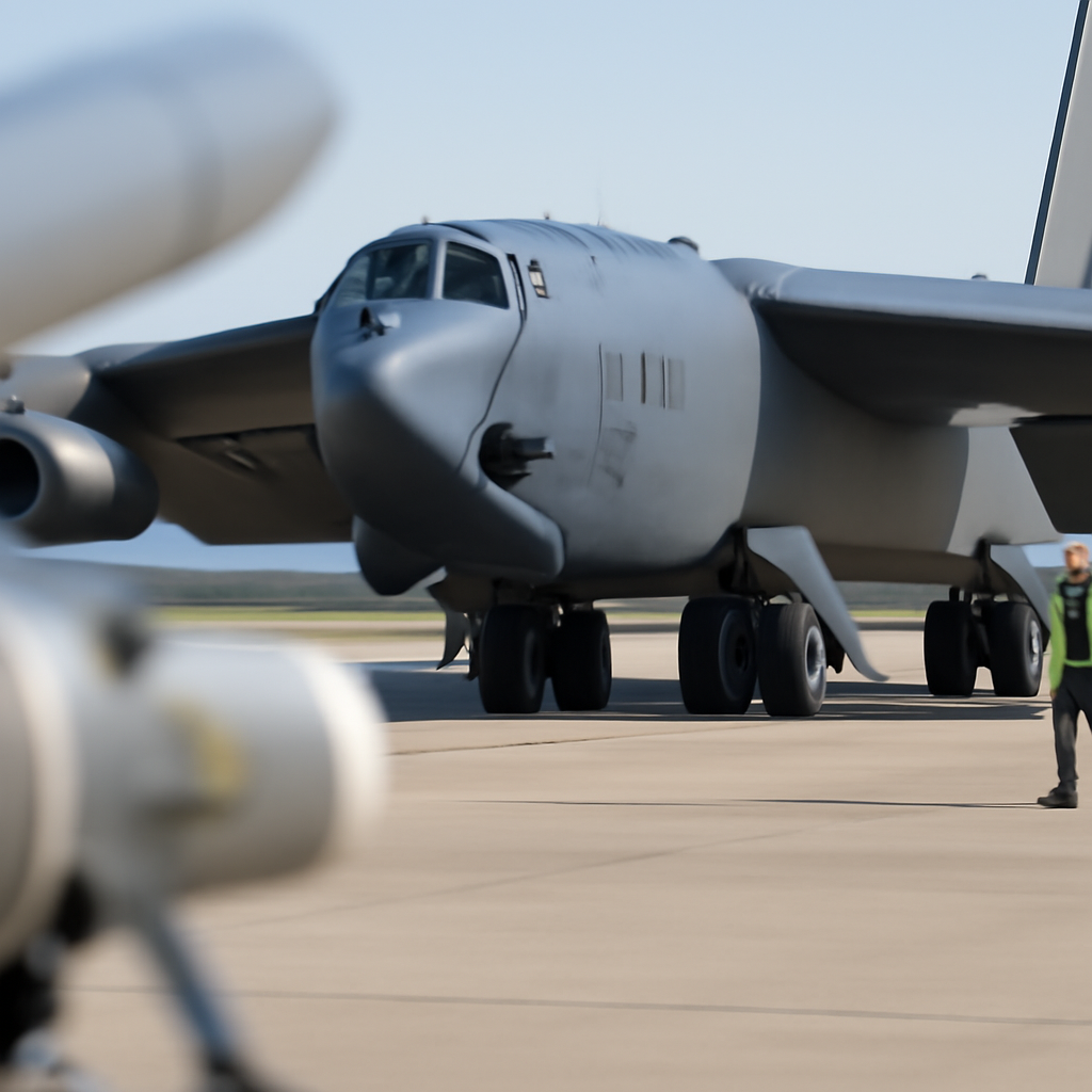 B-52 bomber on tarmac with ground crew and military equipment in foreground.