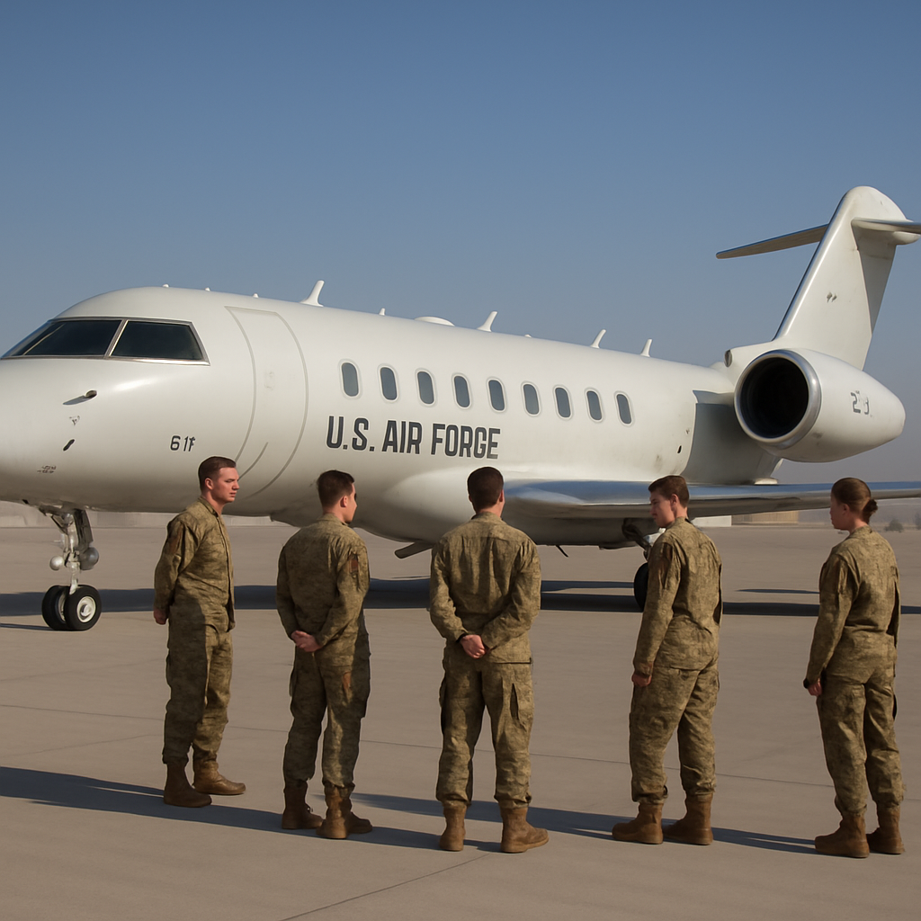 US Air Force personnel stand near a stationary E-11A aircraft on a runway with a clear blue sky in the background.