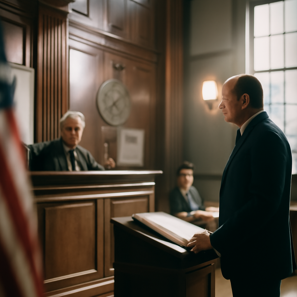 Formal courtroom interior with judge's bench and prosecutor's podium near tall windows.
