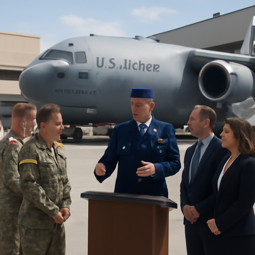 US military personnel and civilians gather near a briefing table with a C-17 aircraft in the background at an Air Force…
