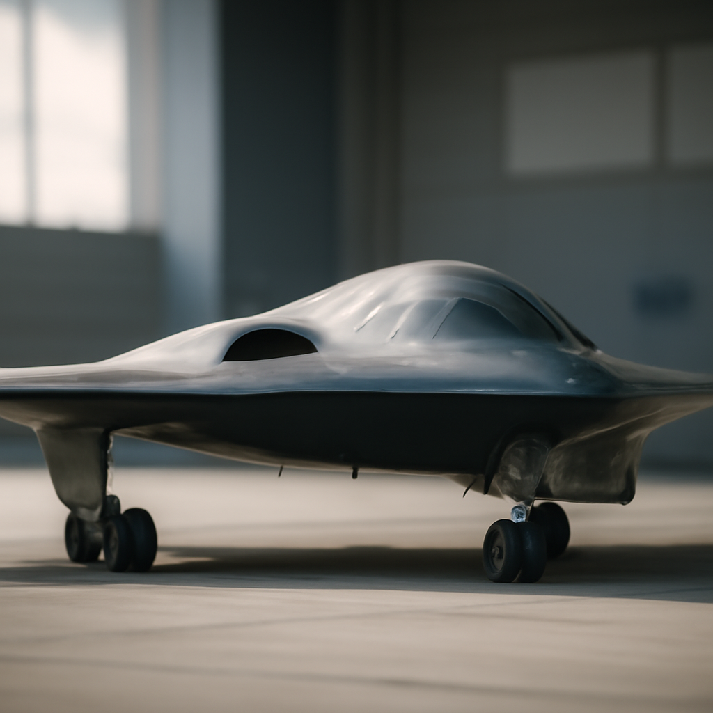 Sleek, futuristic bomber aircraft on a runway in natural daylight.