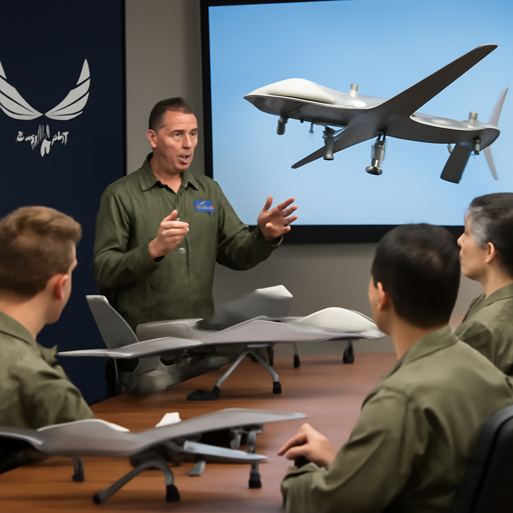 US Air Force personnel discuss strategy with drone models and simulations displayed on a screen.