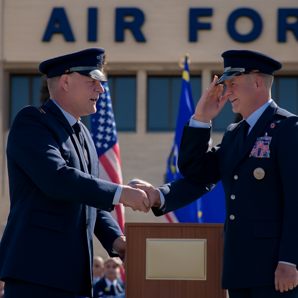 US military leaders attend a change of command ceremony outdoors.