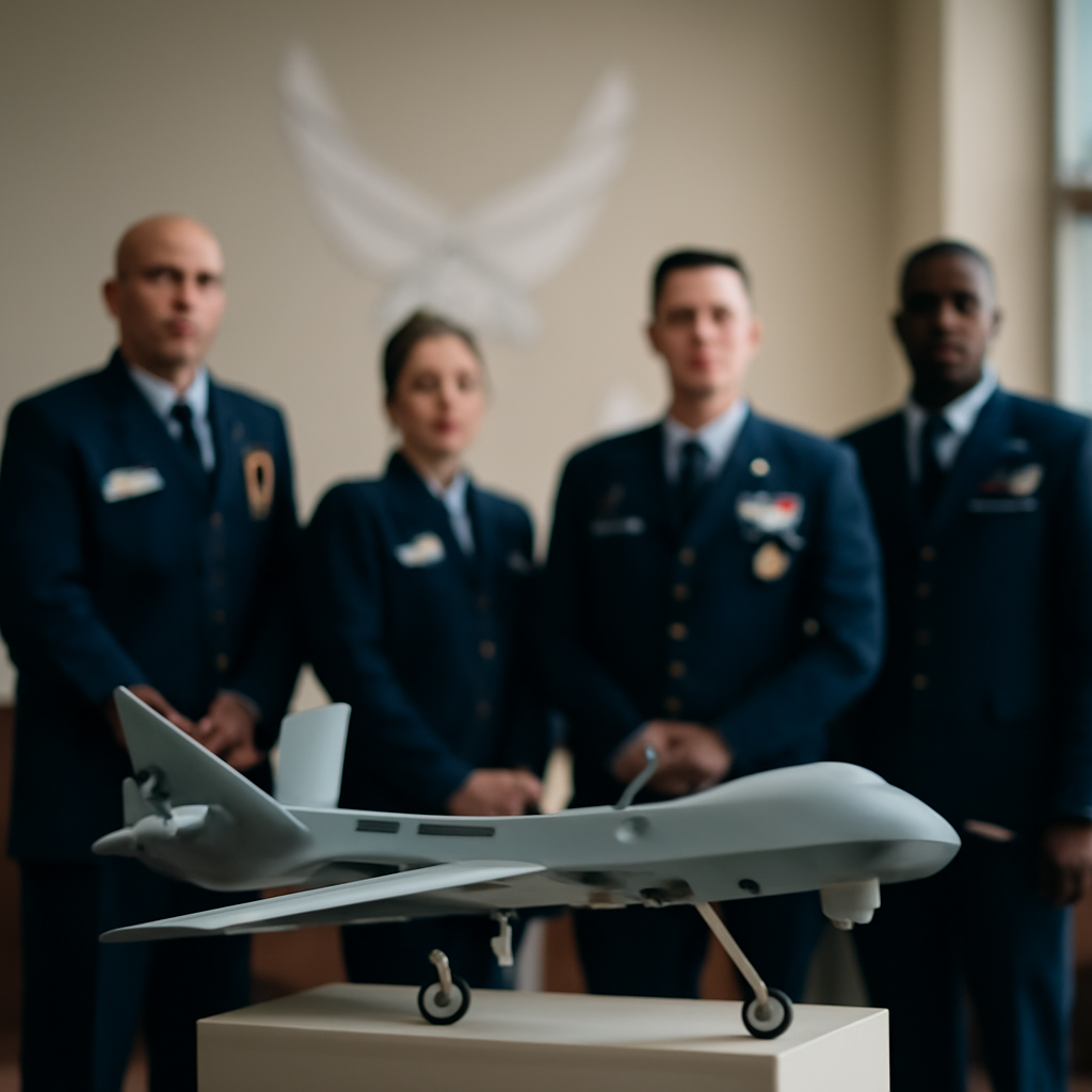 US Air Force personnel stand beside a model remotely piloted aircraft on a pedestal in a formal setting.