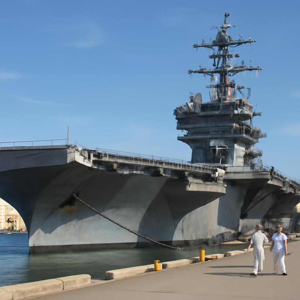 US aircraft carrier docked at a naval station with sailors on the dock.