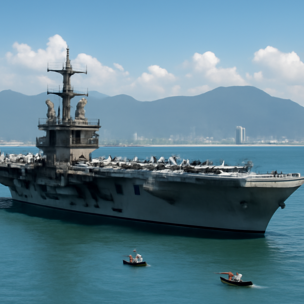 US Navy aircraft carrier anchored off Da Nang, Vietnam, with city coastline and mountains in the background.