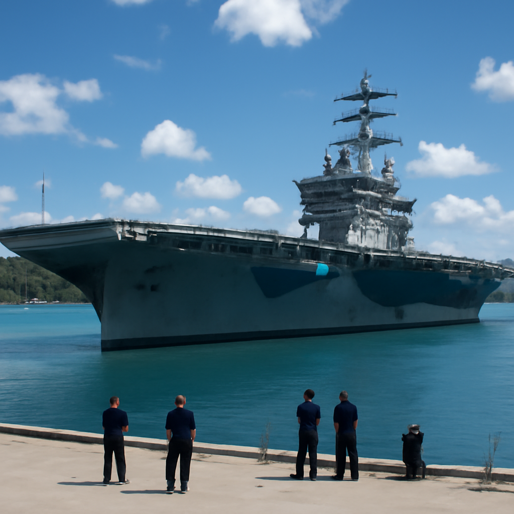 US aircraft carrier docked in Guam harbor with crew members in foreground.