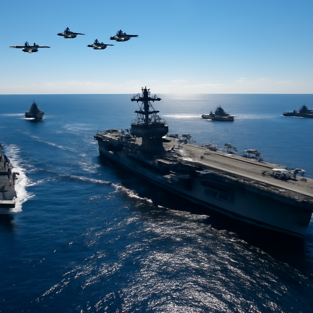 US aircraft carrier and fleet in formation at sea under clear blue skies.