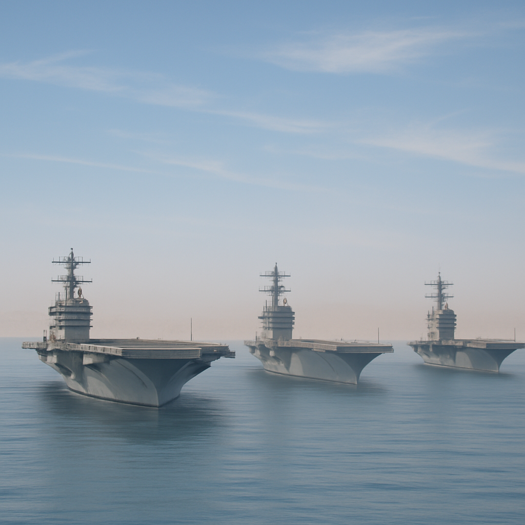 Three US aircraft carriers in formation on calm waters under a clear blue sky.