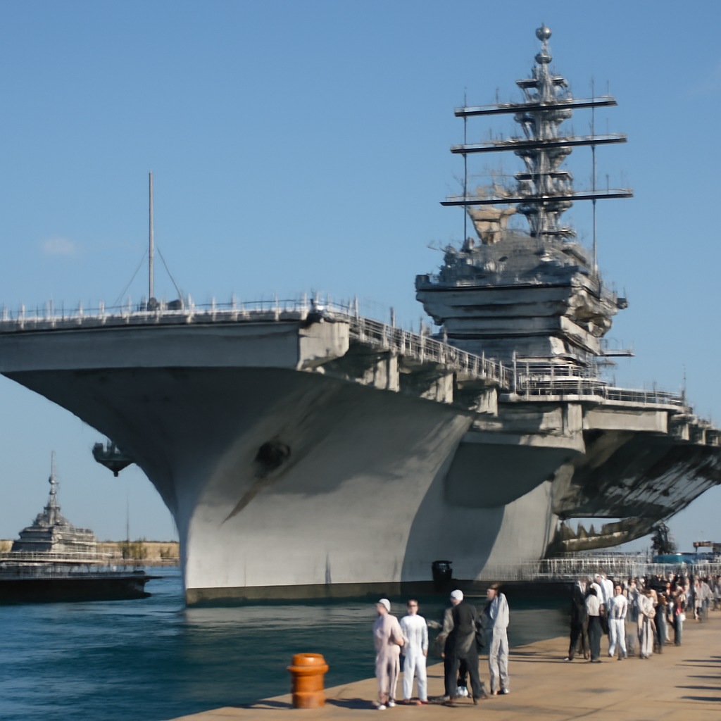 USS Abraham Lincoln aircraft carrier docked at Naval Air Station surrounded by support ships and personnel.