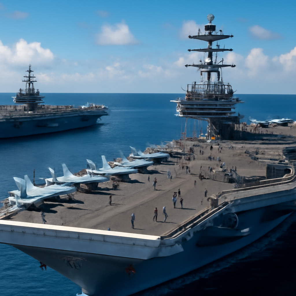 US aircraft carriers with fighter jets and helicopters on deck in calm seas under a clear blue sky.