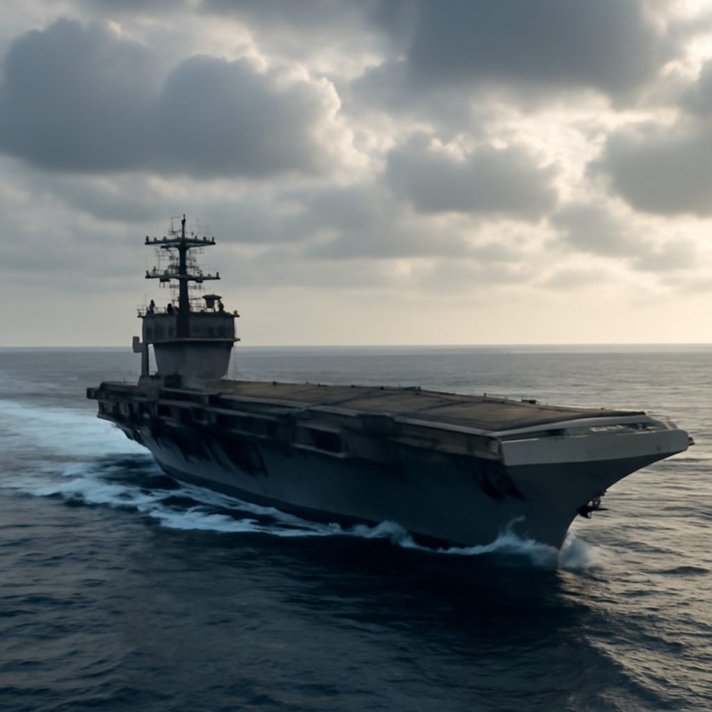 US Navy aircraft carrier underway in open ocean with visible wake and cloudy sky.
