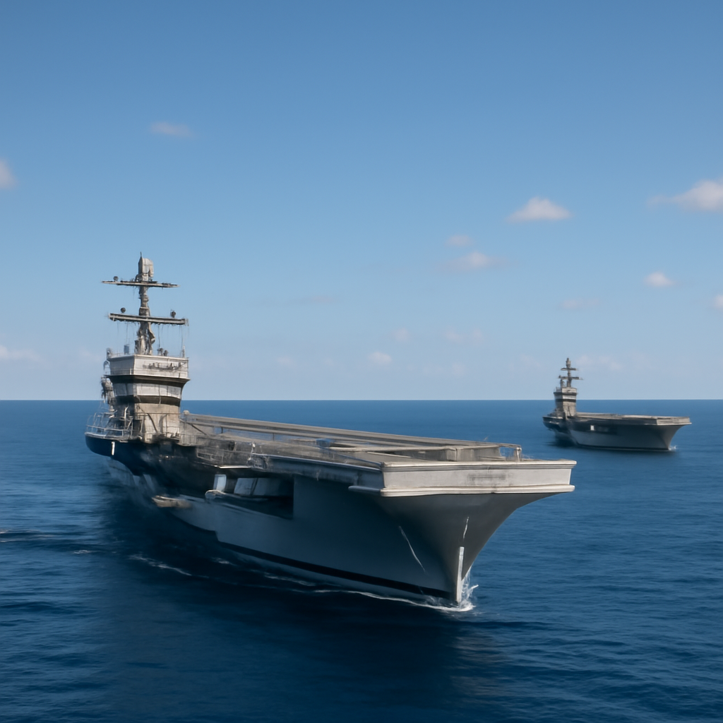 Two US aircraft carriers at sea under a clear blue sky with scattered clouds.