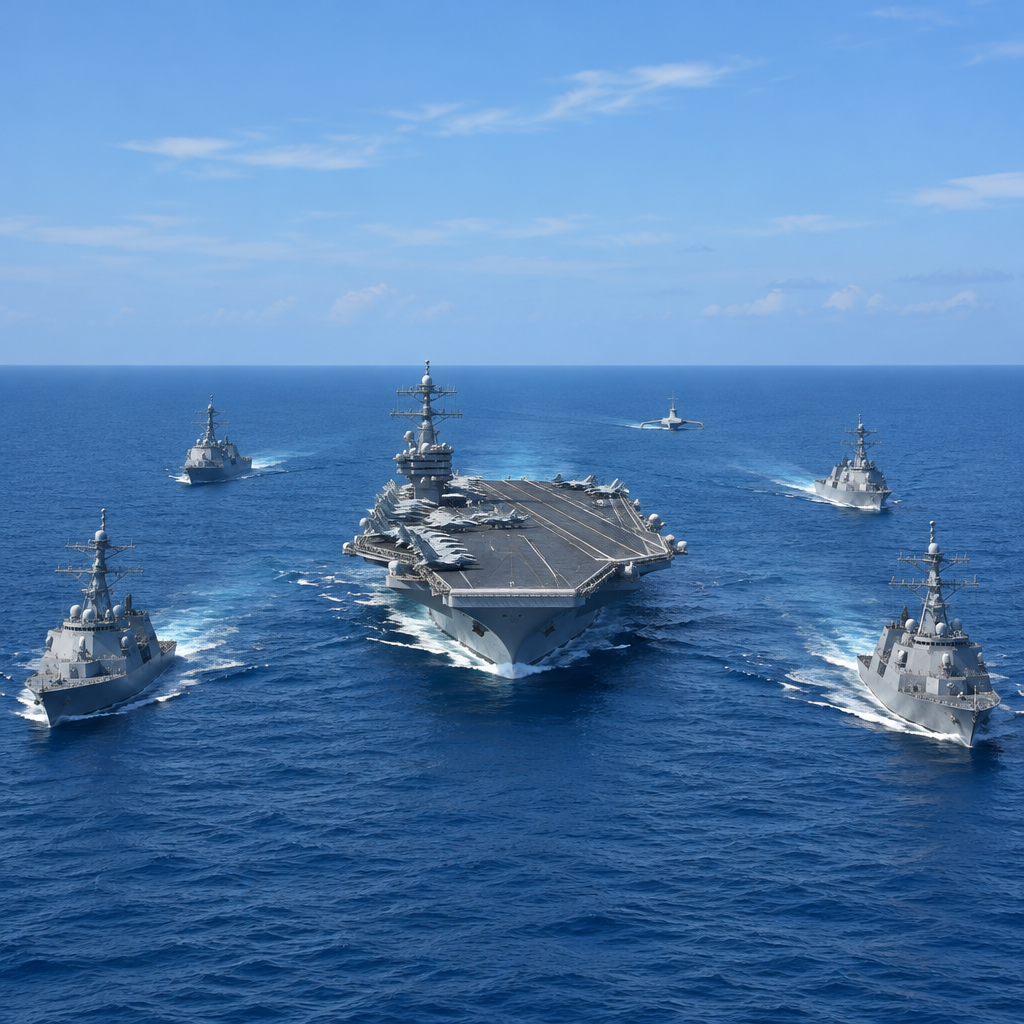 US warships, led by an aircraft carrier, sail in formation under a clear blue sky.