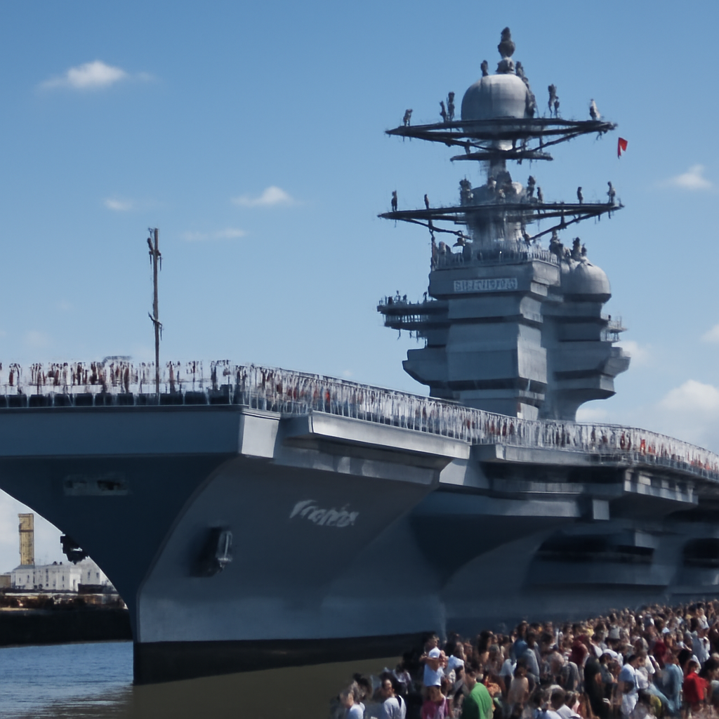 USS Gerald R. Ford aircraft carrier docked at Naval Station Norfolk with crew and loved ones gathered.