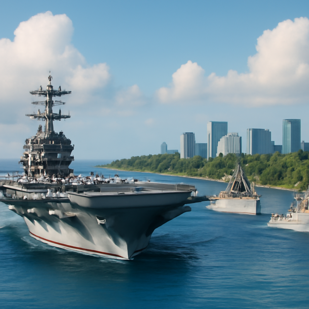 US Navy aircraft carrier with escort ships transits narrow strait near city.