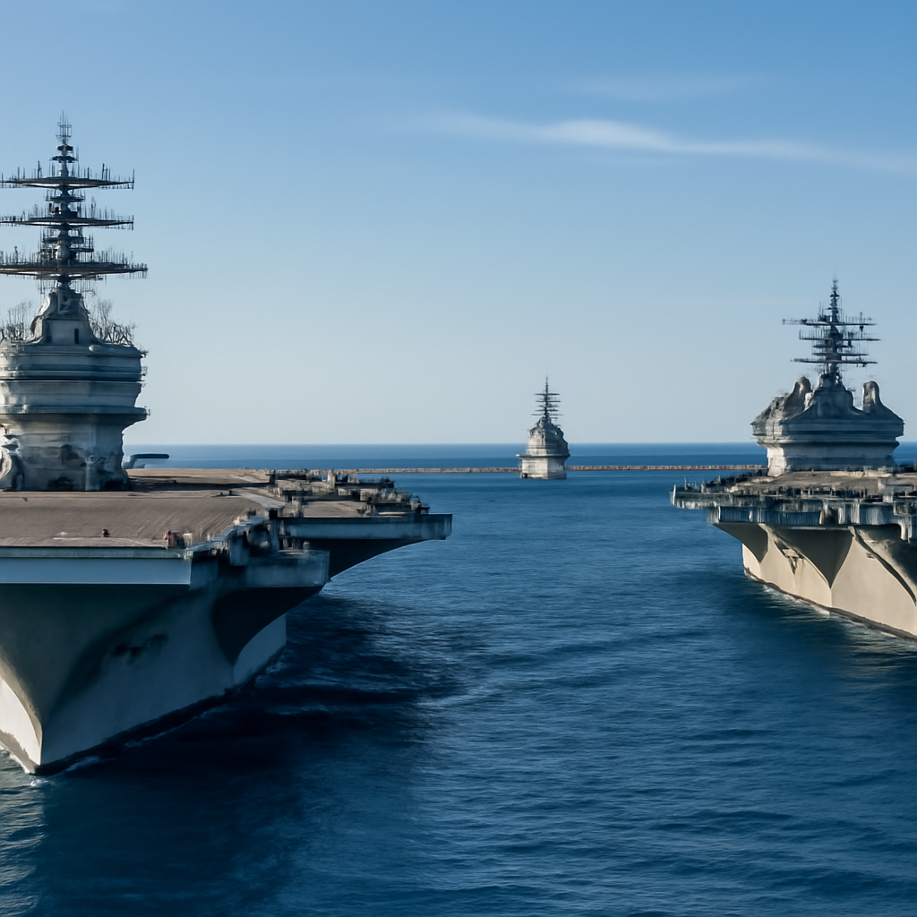 US aircraft carriers and a naval destroyer or cruiser positioned in the open waters of the Middle East.