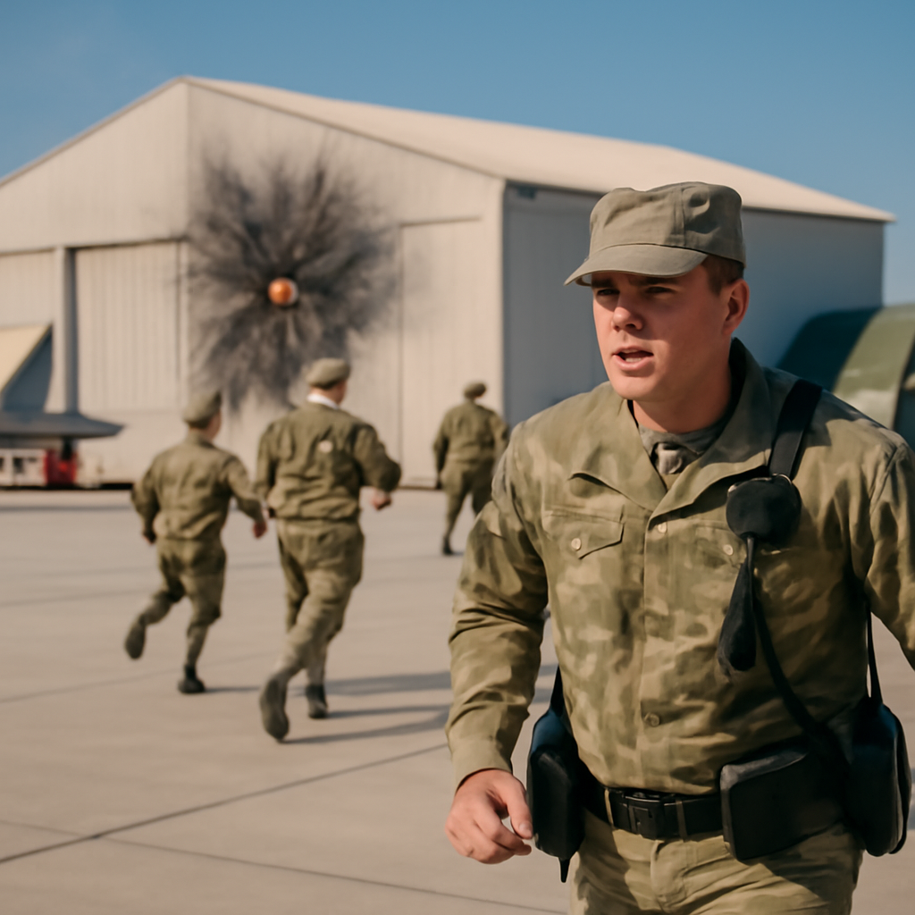 US airmen rush to bunker as missile hits hangar on forward airfield.