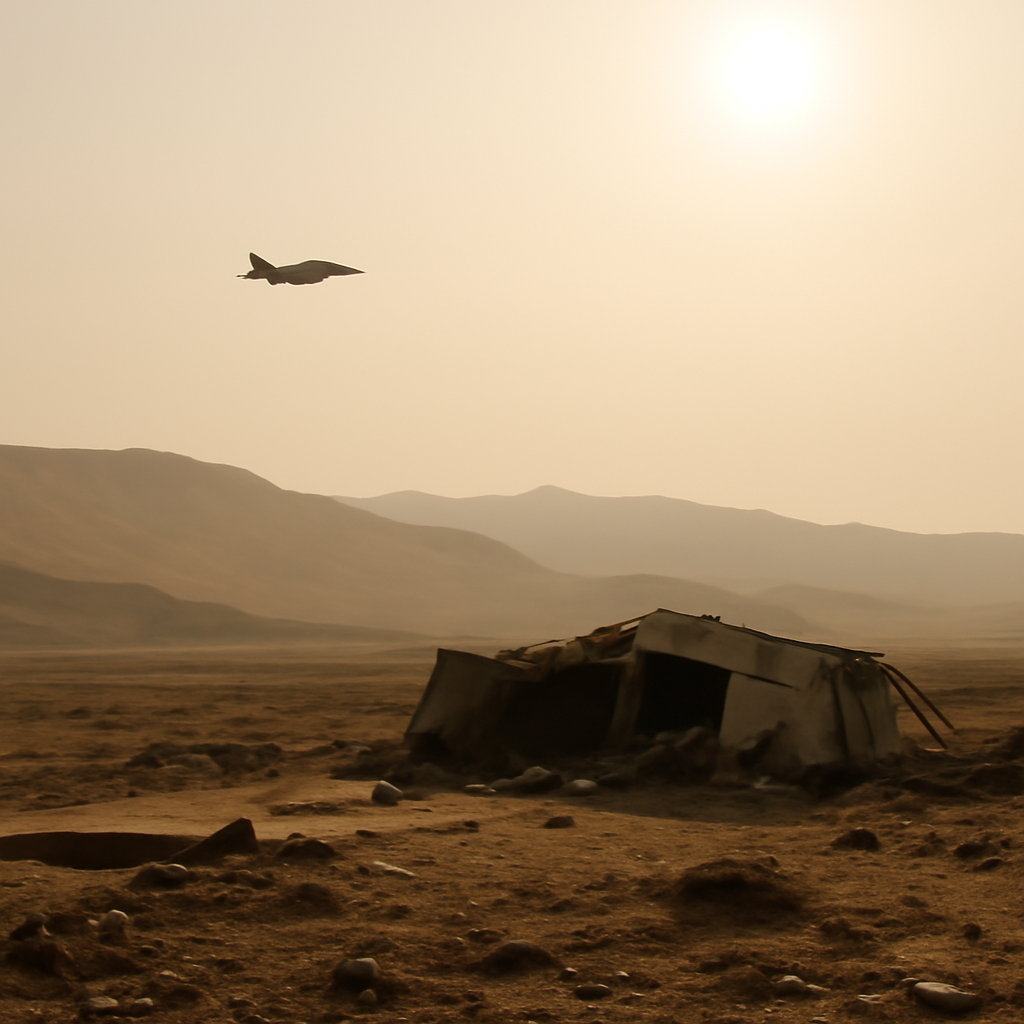 Military aircraft flies over rugged desert landscape at sunset.