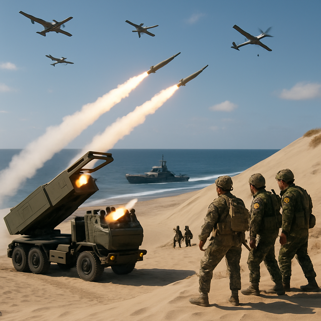Soldiers watch as a HIMARS launcher fires rockets and a drone approaches the shore during a military exercise.