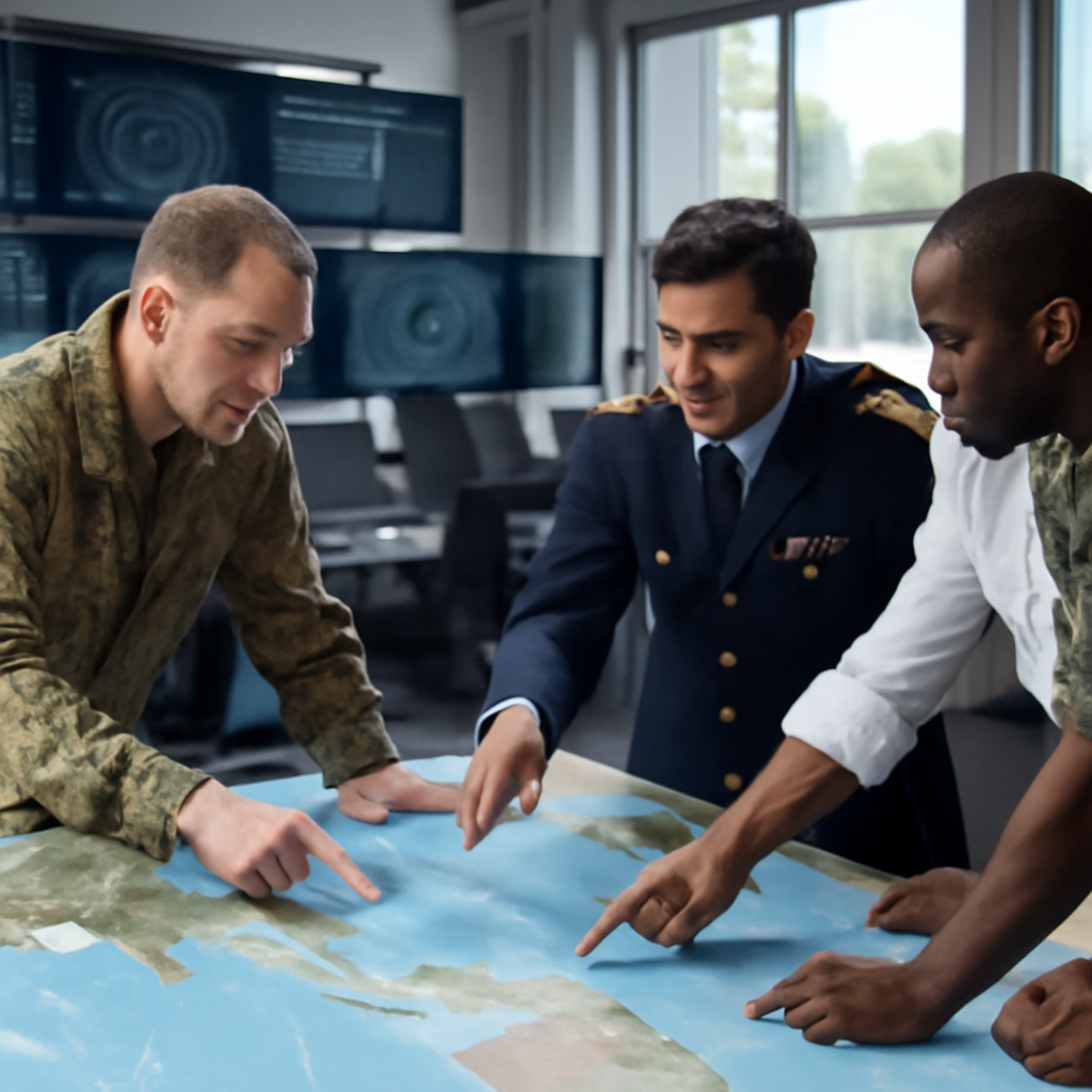 Military personnel from various countries discuss tactical operations around a large Indo-Pacific map.