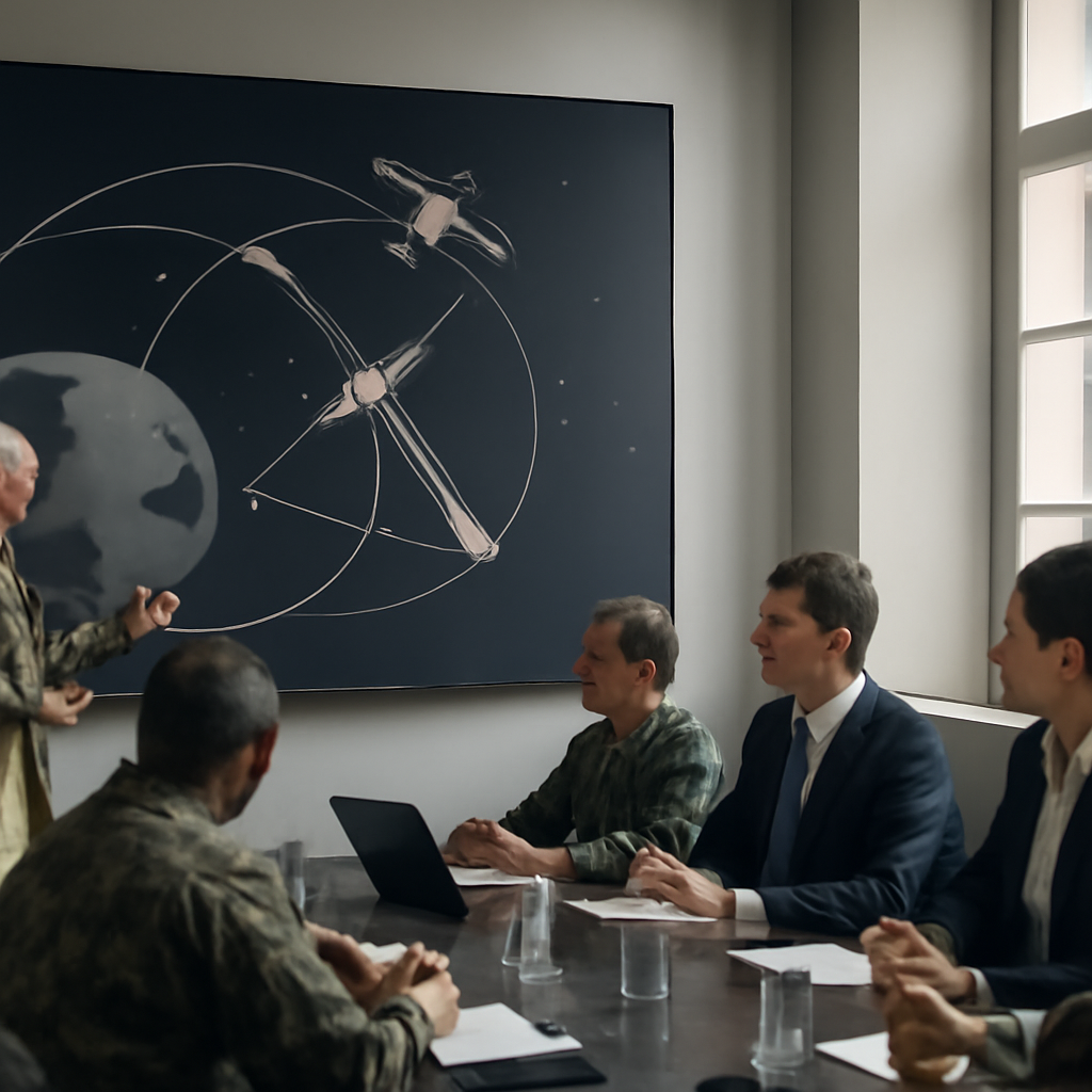 Military personnel and international partners in a briefing room view a conceptual display of orbital assets and defense…