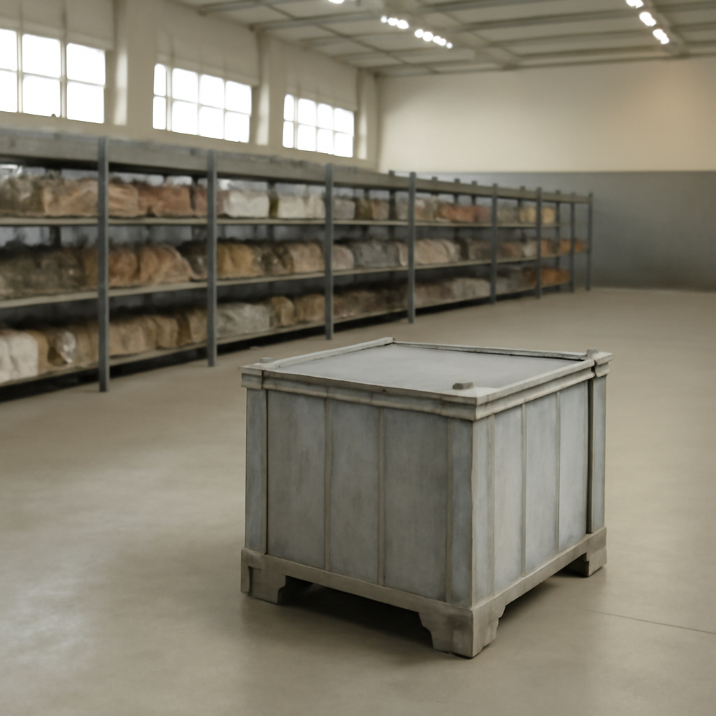 Rows of metal shelving units store various minerals and raw materials in bins under bright daylight.
