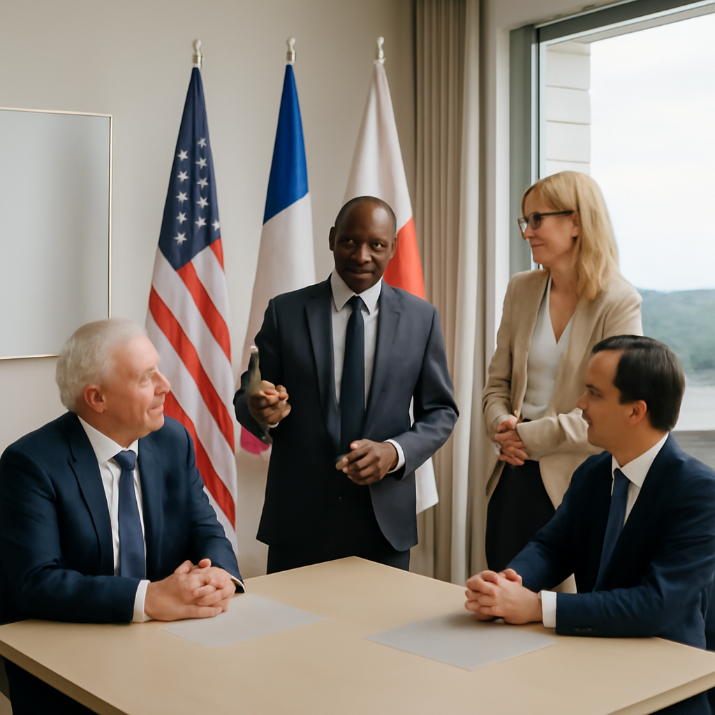 Diplomats from various countries discuss global issues in a modern conference room overlooking a cityscape.