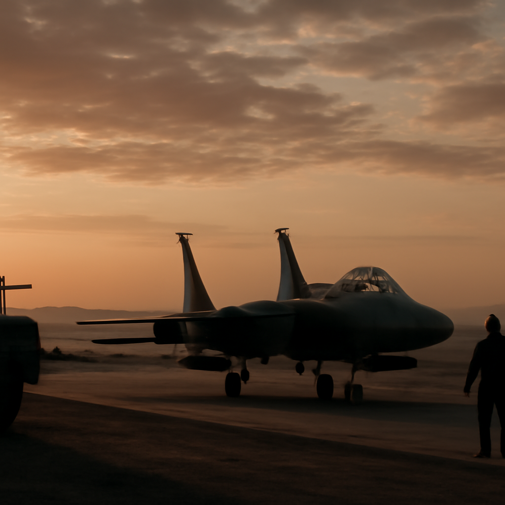 Military aircraft on a desert runway at dawn or dusk with cloudy sky.
