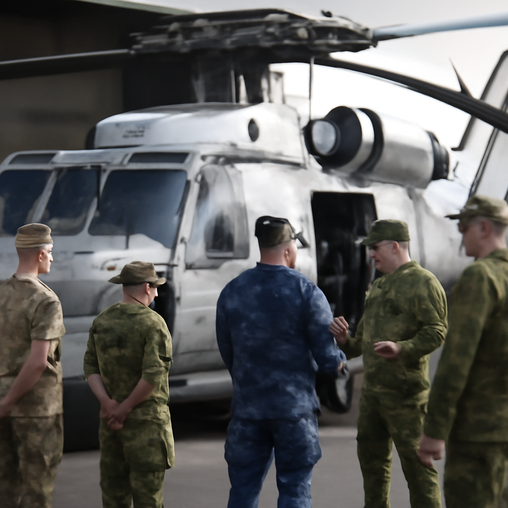 Military personnel surround a Lockheed Martin MH-60R Seahawk helicopter in a hangar or on a flight deck.