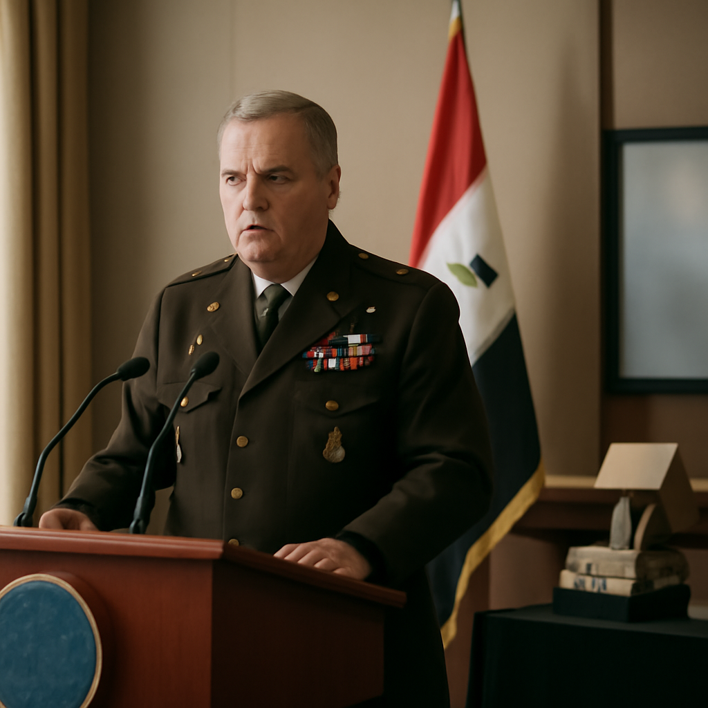 US official stands at podium with military equipment display nearby.