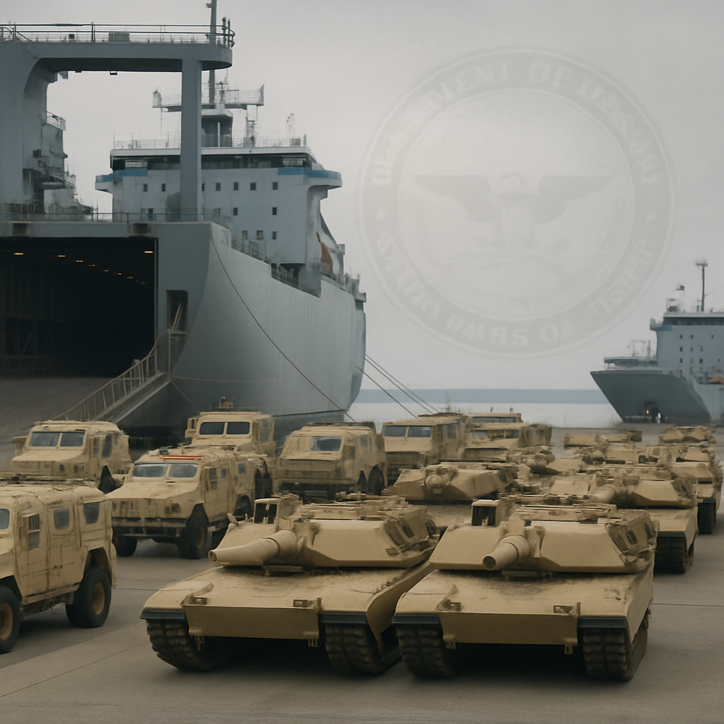 Rows of military tanks and armored vehicles loaded onto transport ships in a secure daylight facility.