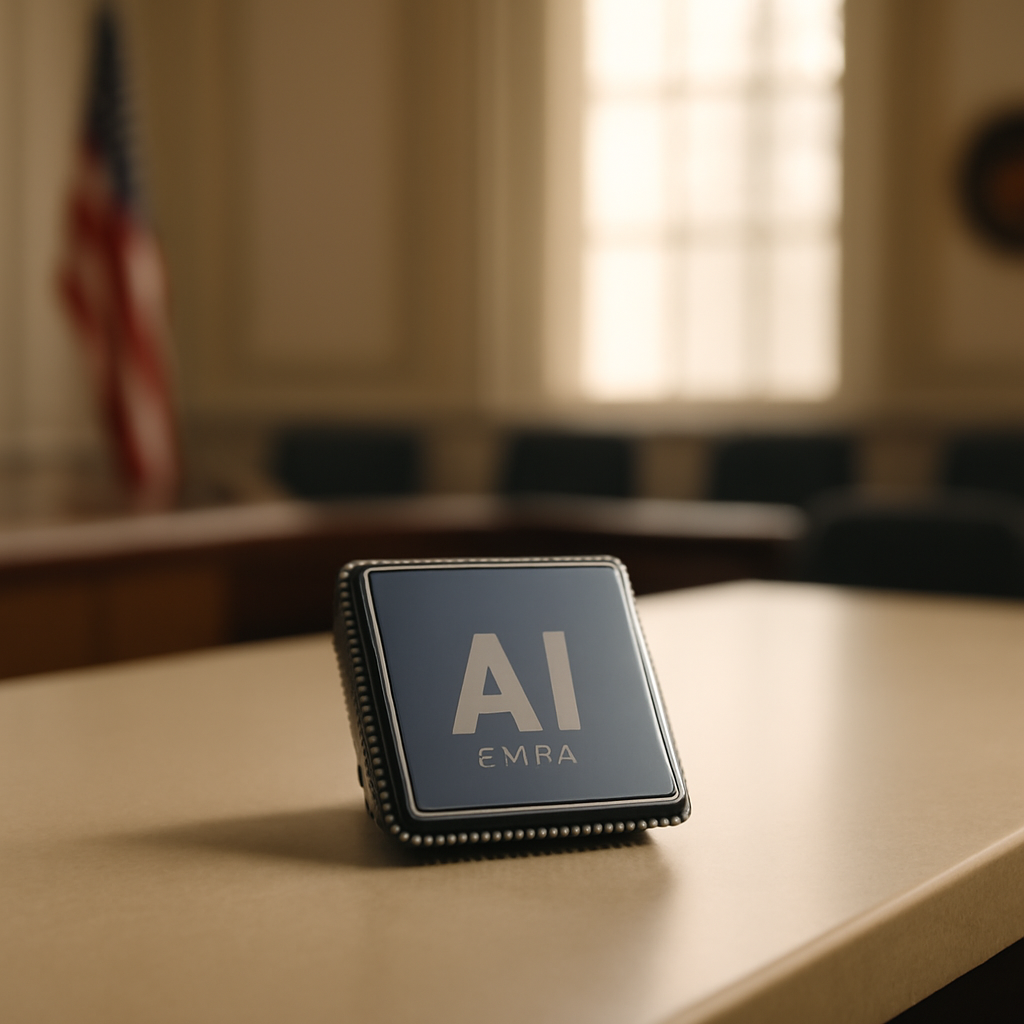AI chip on a beige surface in a softly lit government agency or tech research facility background.