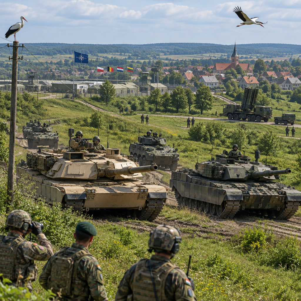 NATO armored vehicles advance through a rolling green landscape.