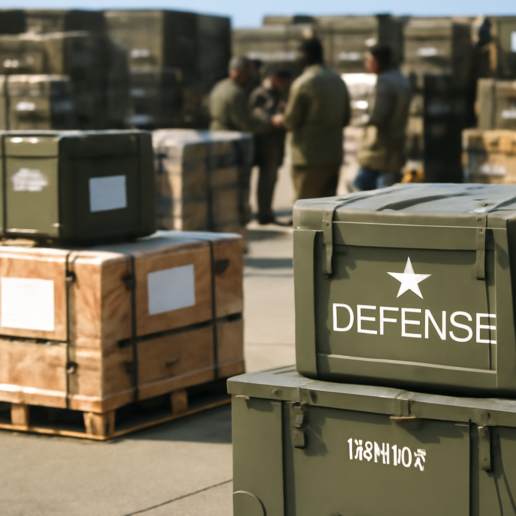 Rows of stacked military equipment and supplies in a shipping yard under bright daylight.