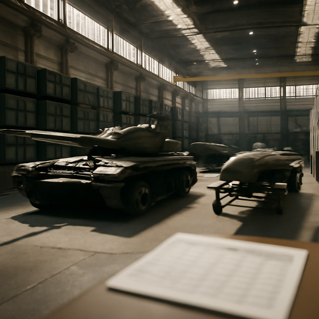 Military equipment storage facility with rows of shipping containers and hardware in ambient daylight.
