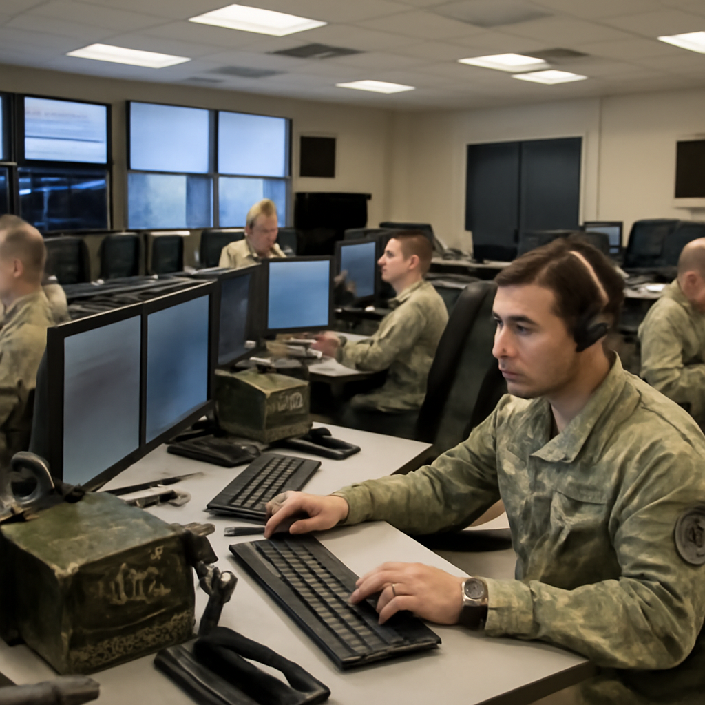 US Army personnel work at consoles in a command center, surrounded by screens and equipment.