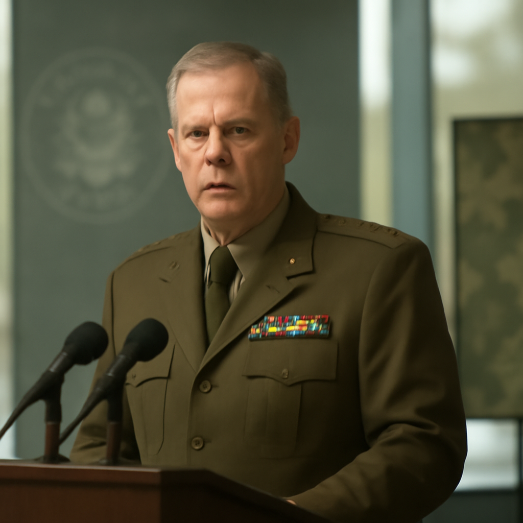US Army general addresses reporters at formal conference with military display.